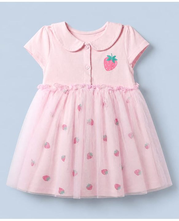 Babyhug Single Jersey Knit Frock with Half Sleeves and Strawberry Print in Pink