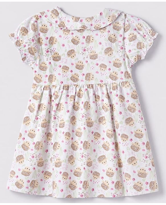 Babyhug Single Jersey Dress with Half Sleeves and Hedgehog Print in White for 3-6 Months