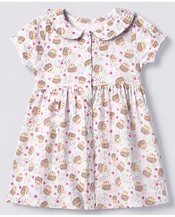 Babyhug Single Jersey Dress with Half Sleeves and Hedgehog Print in White for 3-6 Months