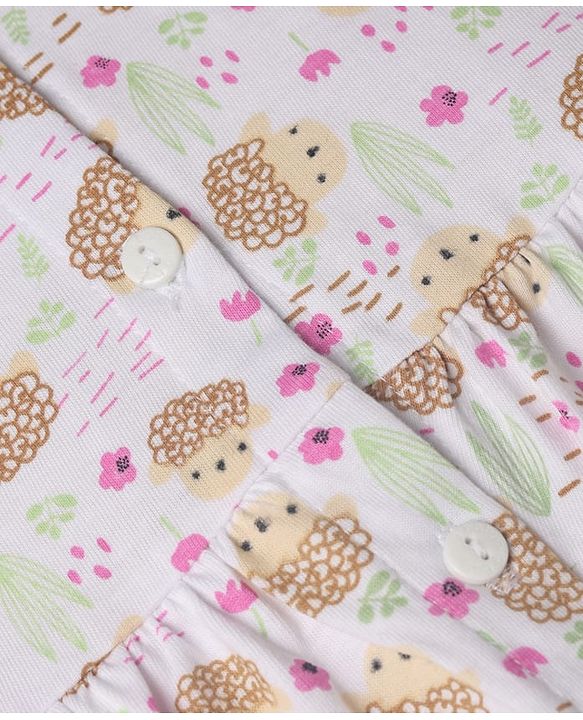Babyhug Single Jersey Dress with Half Sleeves and Hedgehog Print in White for 3-6 Months