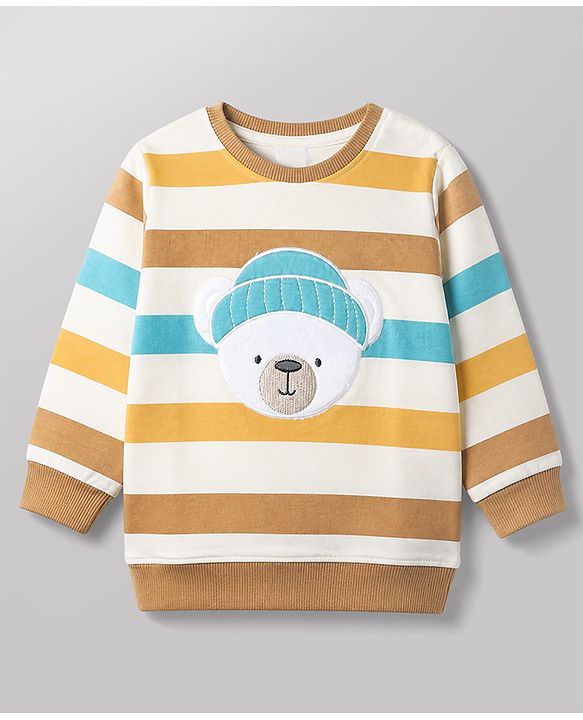 Babyhug 100% Cotton Heavy Gauge Terry Striped Sweatshirt with Full Sleeves and Bear Patch - White