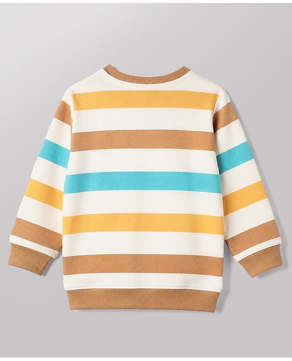Babyhug 100% Cotton Heavy Gauge Terry Striped Sweatshirt with Full Sleeves and Bear Patch - White