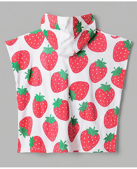 Babyhug Knit Cotton Knit Hooded Poncho With Strawberry Print - White