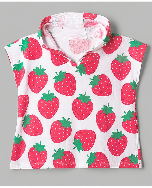 Babyhug Knit Cotton Knit Hooded Poncho With Strawberry Print - White