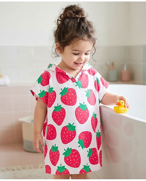 Babyhug Knit Cotton Knit Hooded Poncho With Strawberry Print - White