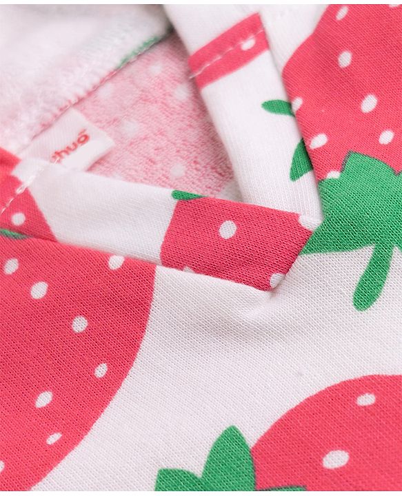 Babyhug Knit Cotton Knit Hooded Poncho With Strawberry Print - White