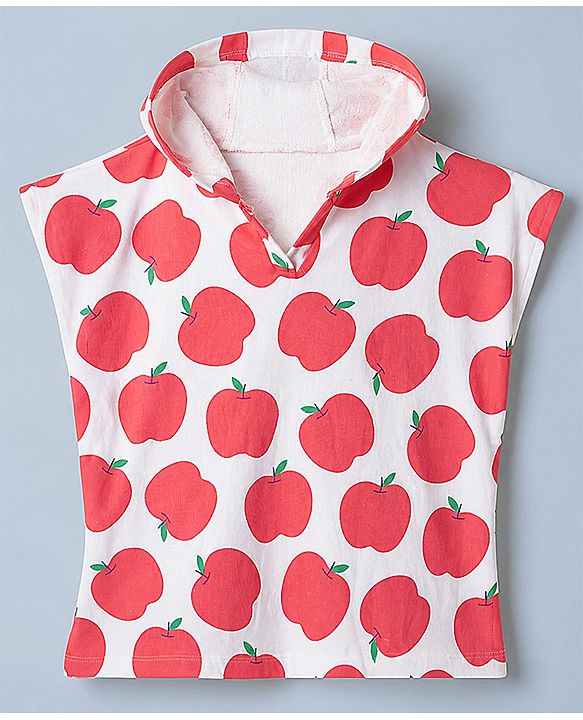 Babyhug Knit Cotton Knit Hooded Poncho With Apple Print - White