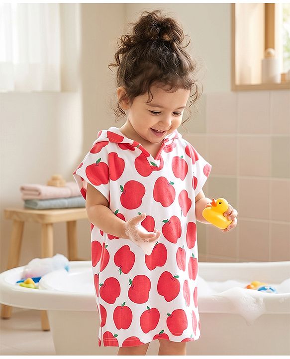 Babyhug Knit Cotton Knit Hooded Poncho With Apple Print - White