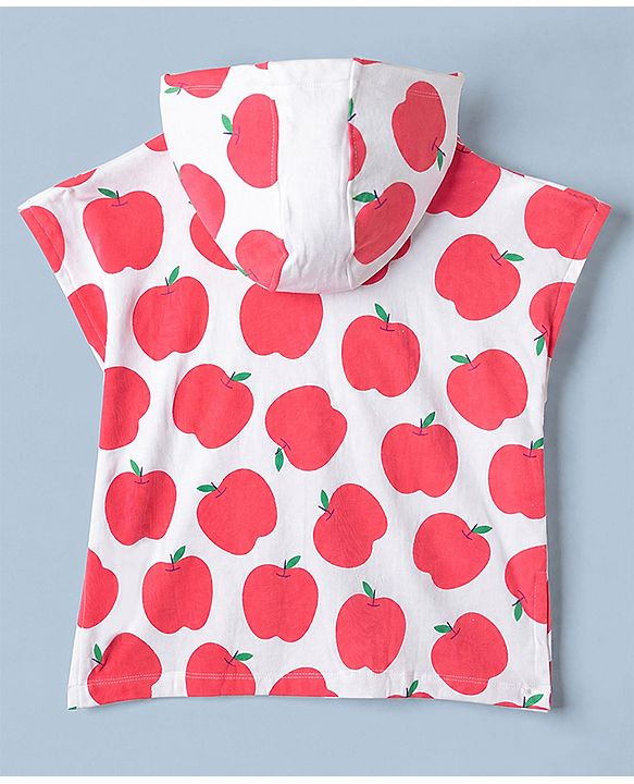 Babyhug Knit Cotton Knit Hooded Poncho With Apple Print - White