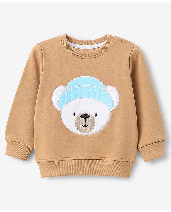 Babyhug 100% Cotton Knit Full Sleeves Sweatshirt with Bear Applique in Light Brown