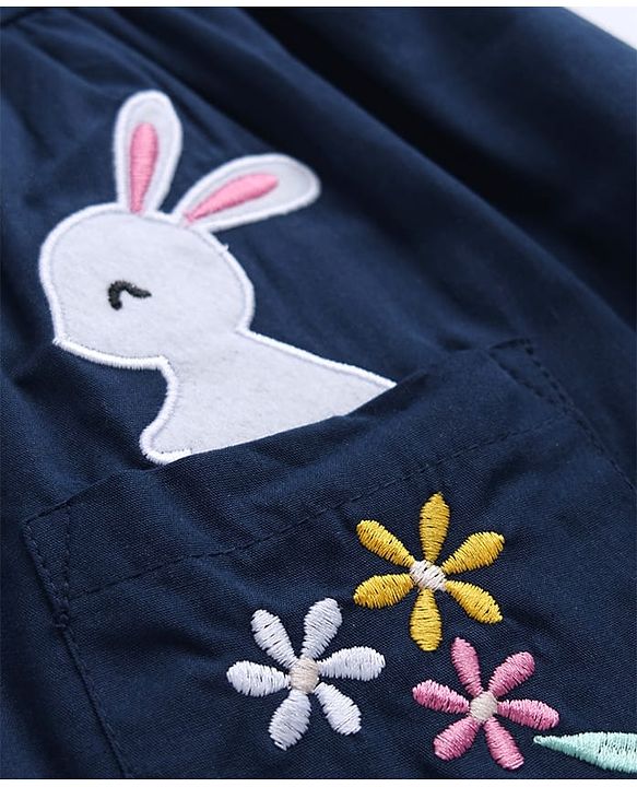 Babyhug Cotton Woven Full Sleeves Frock and Tee with Rabbit Embroidery and Floral Print in Navy Blue for 6-9 Months