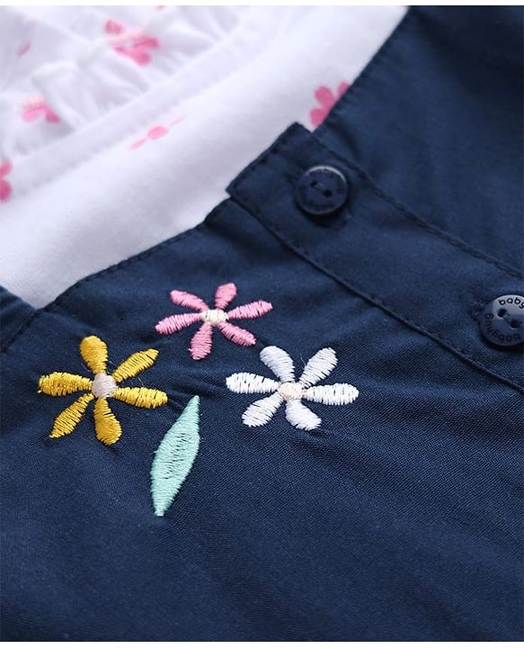 Babyhug Cotton Woven Full Sleeves Frock and Tee with Rabbit Embroidery and Floral Print in Navy Blue for 6-9 Months