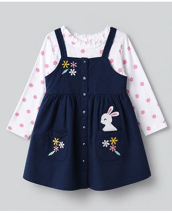 Babyhug Cotton Woven Full Sleeves Frock and Tee with Rabbit Embroidery and Floral Print in Navy Blue for 6-9 Months