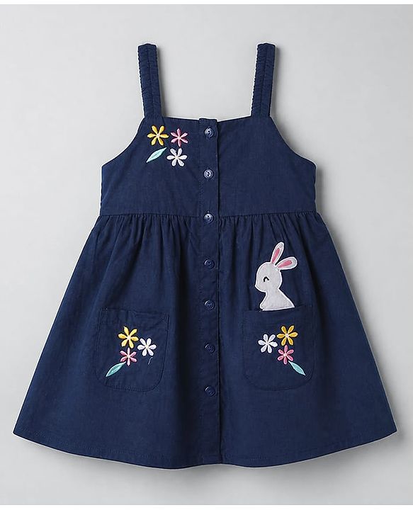 Babyhug Cotton Woven Full Sleeves Frock and Tee with Rabbit Embroidery and Floral Print in Navy Blue for 6-9 Months