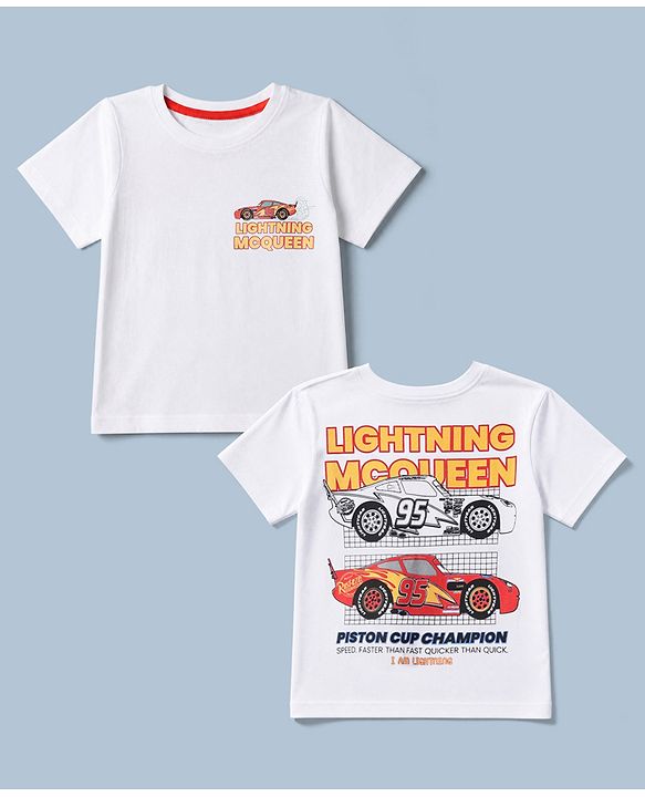 Pine Kids Disney 100% Cotton Single Jersey Knit T-Shirt with Half Sleeves and Car Print - White
