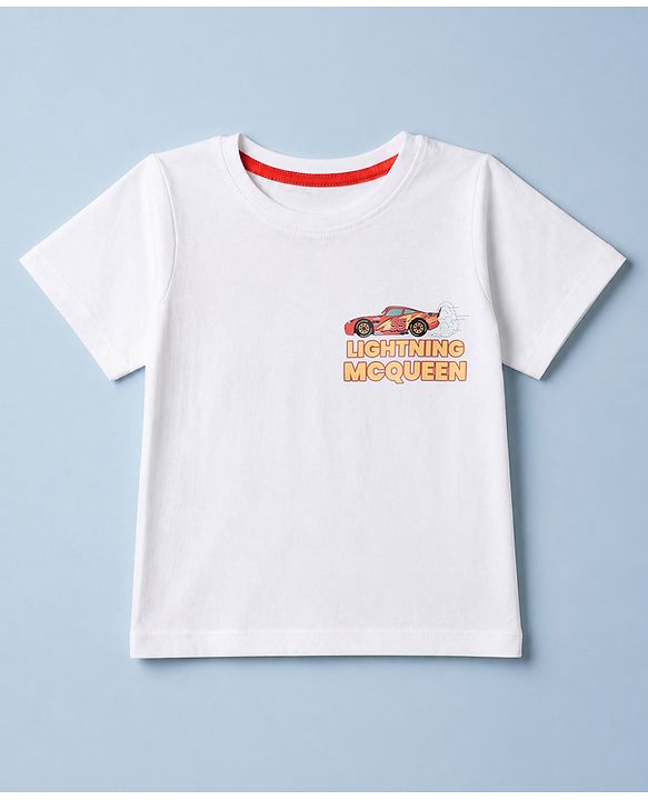 Pine Kids Disney 100% Cotton Single Jersey Knit T-Shirt with Half Sleeves and Car Print - White