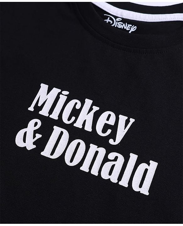 Pine Kids Disney Cotton Knit Half Sleeves T-Shirt with Mickey & Donald Print - Black