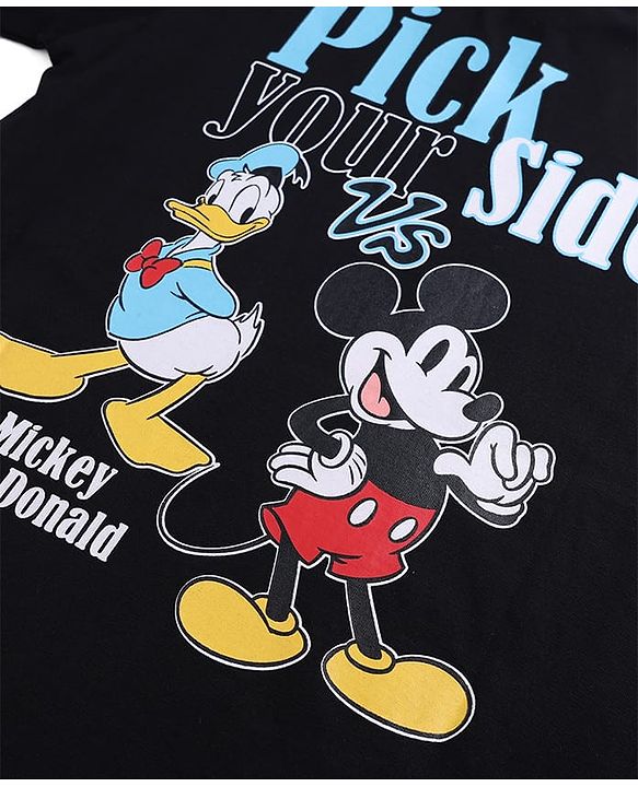 Pine Kids Disney Cotton Knit Half Sleeves T-Shirt with Mickey & Donald Print - Black