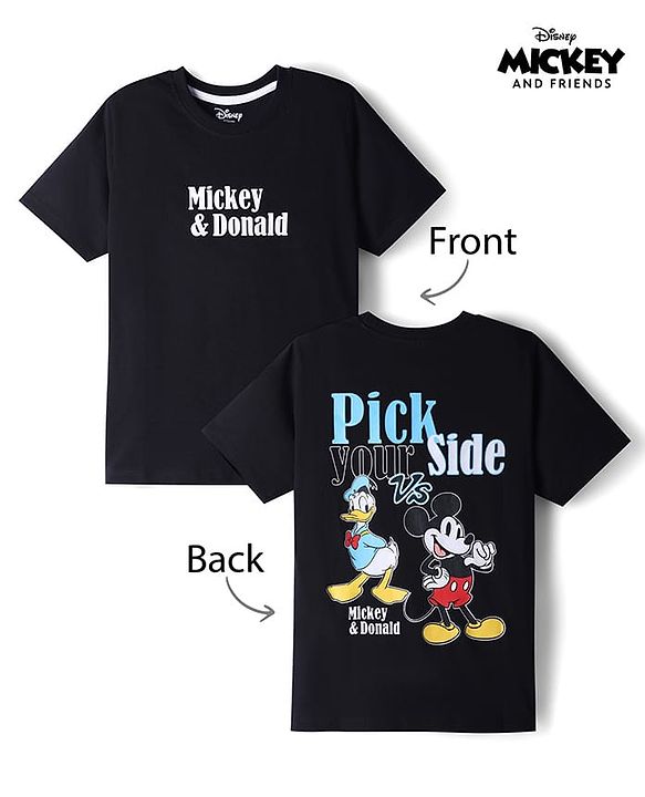Pine Kids Disney Cotton Knit Half Sleeves T-Shirt with Mickey & Donald Print - Black