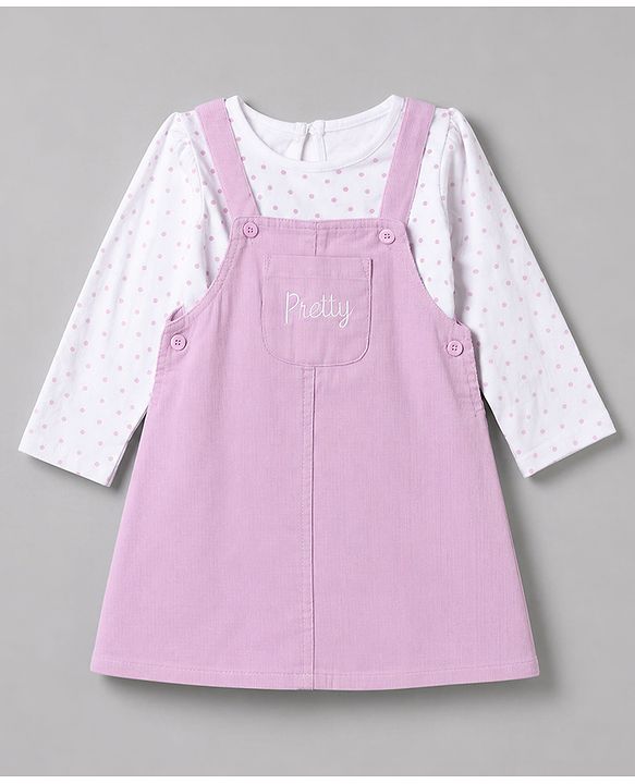 Babyhug Cotton Woven Frock and Inner Tee and Purse with Full Sleeves and Pretty Text Embroidery - Lavender