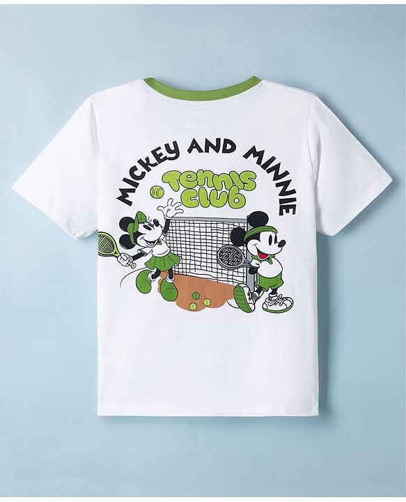 Pine Kids Disney Single Jersey Knit Half Sleeves T-Shirt with Front & Back Mickey and Minnie Tennis Club Print - White
