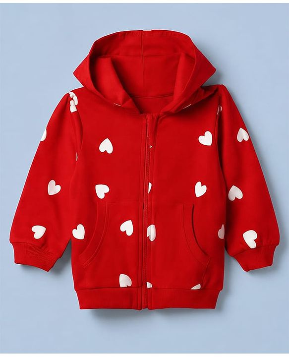 Babyhug 100% Cotton Terry Knit Sweatjackets With Full Sleeves and Hearts Print - Red