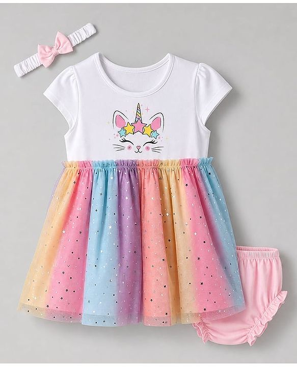 Babyhug Single Jersey Knit Half Sleeves Kitty & Unicorn Theme Printed Frock With Bloomer & Headband - White