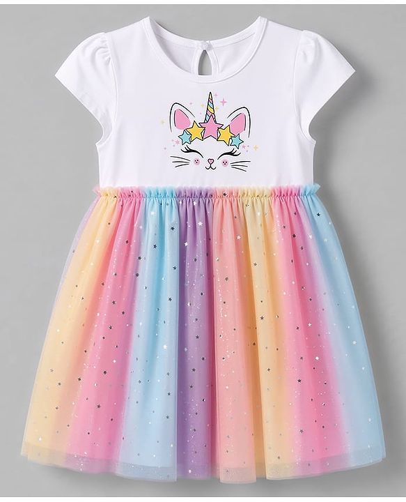 Babyhug Single Jersey Knit Half Sleeves Kitty & Unicorn Theme Printed Frock With Bloomer & Headband - White