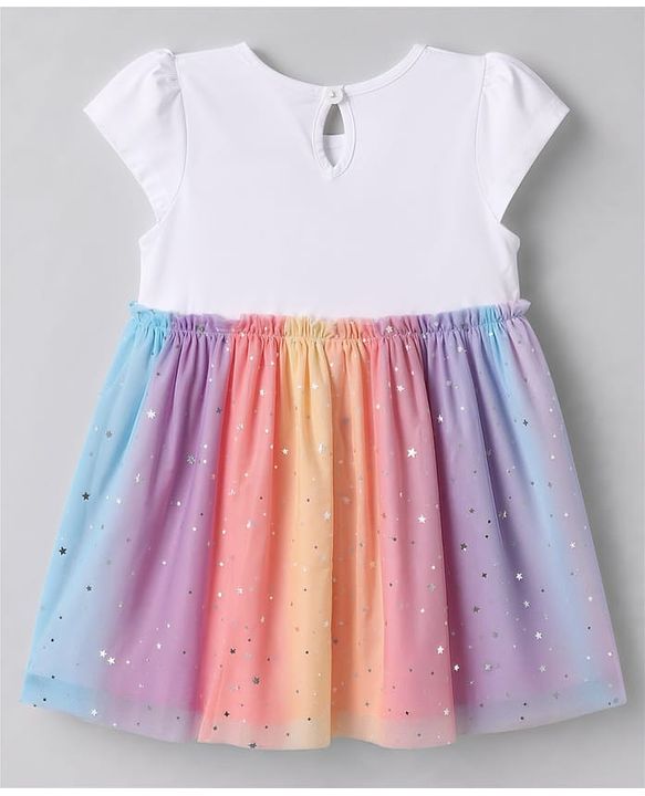 Babyhug Single Jersey Knit Half Sleeves Kitty & Unicorn Theme Printed Frock With Bloomer & Headband - White