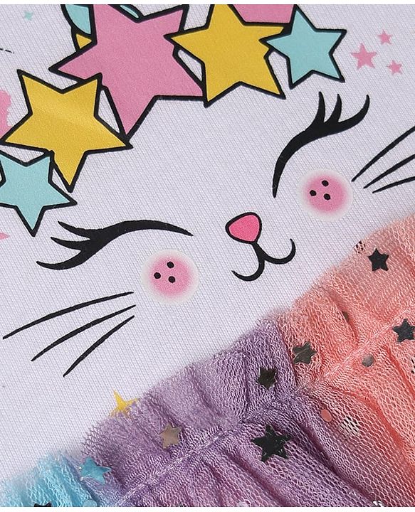 Babyhug Single Jersey Knit Half Sleeves Kitty & Unicorn Theme Printed Frock With Bloomer & Headband - White