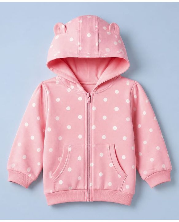Babyhug Heavy Gauge 100% Cotton Terry Knit Hoodie with Full Sleeves and Polka Dots Print - Pink