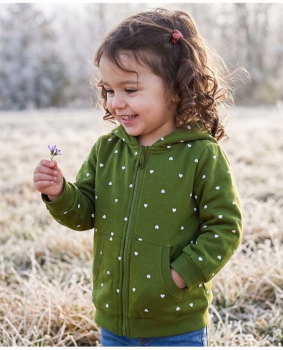 Babyhug Heavy Gauge 100% Cotton Terry Full Sleeves Knit Sweatshirt With Heart Print - Green