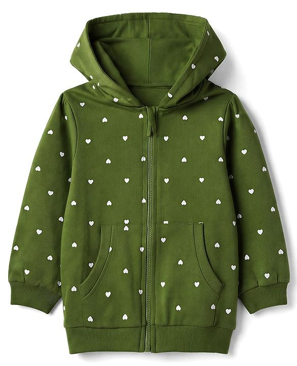Babyhug Heavy Gauge 100% Cotton Terry Full Sleeves Knit Sweatshirt With Heart Print - Green