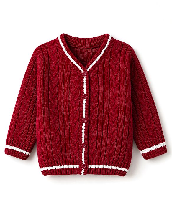 Babyhug Knit Full Sleeves Front Open Sweater With Cable Knit Design - Maroon