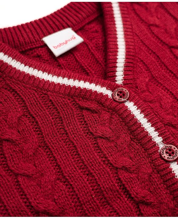 Babyhug Knit Full Sleeves Front Open Sweater With Cable Knit Design - Maroon