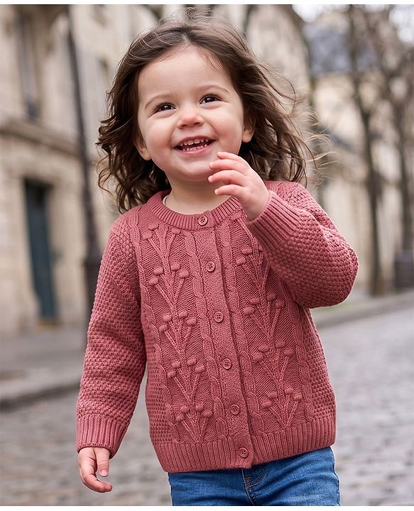 Babyhug Knit Front Open Sweater with Full Sleeves & Cable Knit Design in Pink