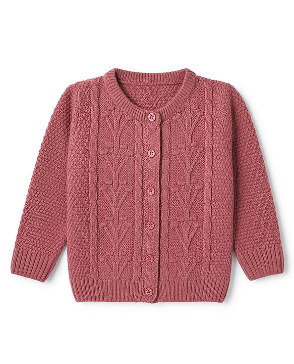 Babyhug Knit Front Open Sweater with Full Sleeves & Cable Knit Design in Pink
