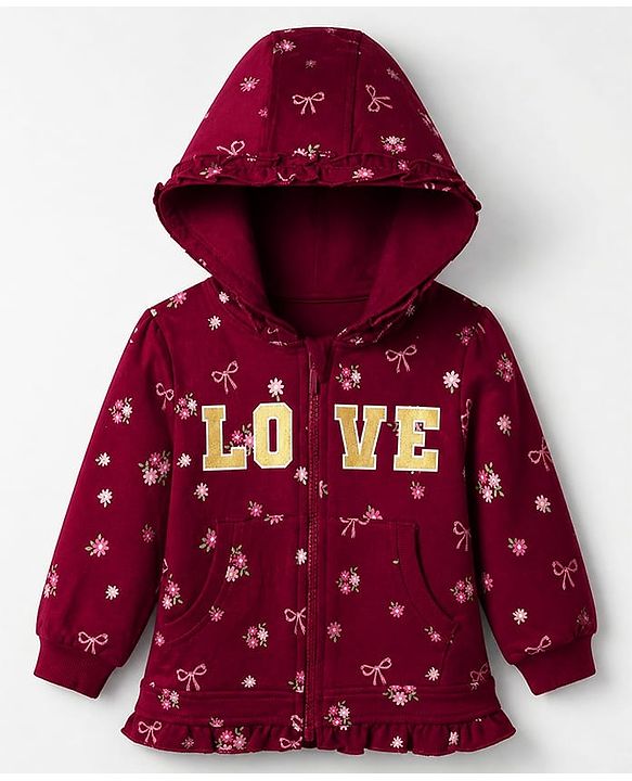 Babyhug Cotton Heavy Gauge Terry Terry Knit Sweatshirt With Full Sleeves and Love Foil Print in Maroon
