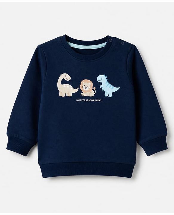 Babyhug 100% Cotton Terry Knit Heavy Gauge Full Sleeves Sweatshirt With Animal & Text Print Pack of 2 - Red & Navy Blue