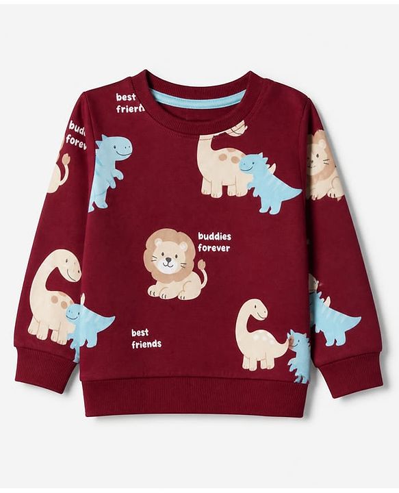 Babyhug 100% Cotton Terry Knit Heavy Gauge Full Sleeves Sweatshirt With Animal & Text Print Pack of 2 - Red & Navy Blue
