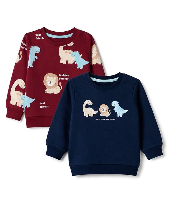 Babyhug 100% Cotton Terry Knit Heavy Gauge Full Sleeves Sweatshirt With Animal & Text Print Pack of 2 - Red & Navy Blue