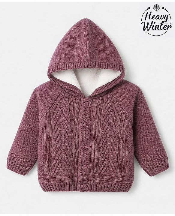 Babyhug Cable Knit Full Sleeves Solid Front Open Sweater With Hoodie In Dark Pink