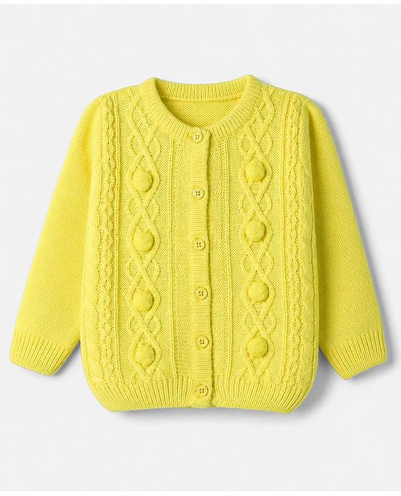 Babyhug Knit Full Sleeves Front Open Sweater With Cable Knit Design & Applique - Lime Green