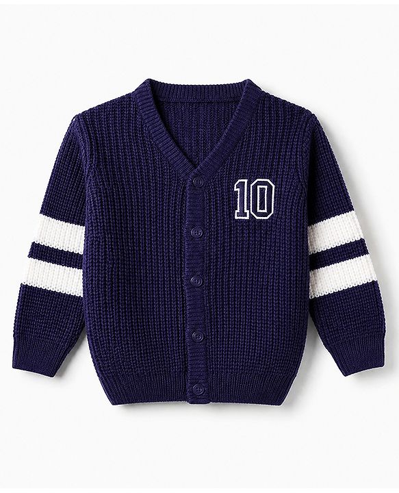 Babyhug Knit Full Sleeves Cardigan with 10 Applique - Navy Blue