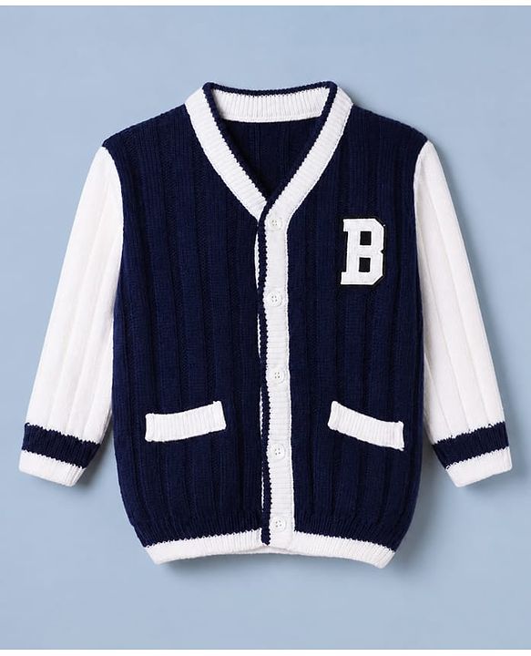 Babyhug Knit Front Open Sweaters with Full Sleeves and B Patch in Navy Blue