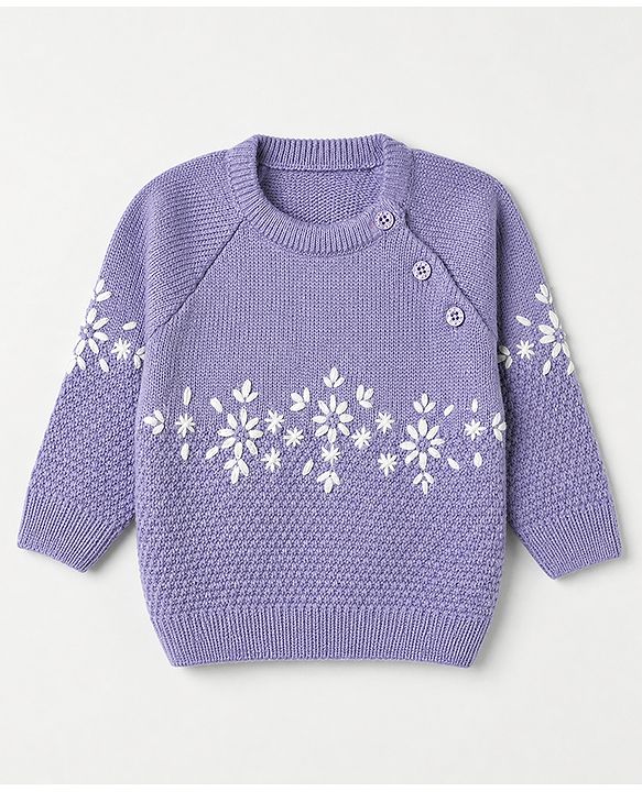 Babyhug Knit Full Sleeves Pullover with Floral Embroidery - Purple
