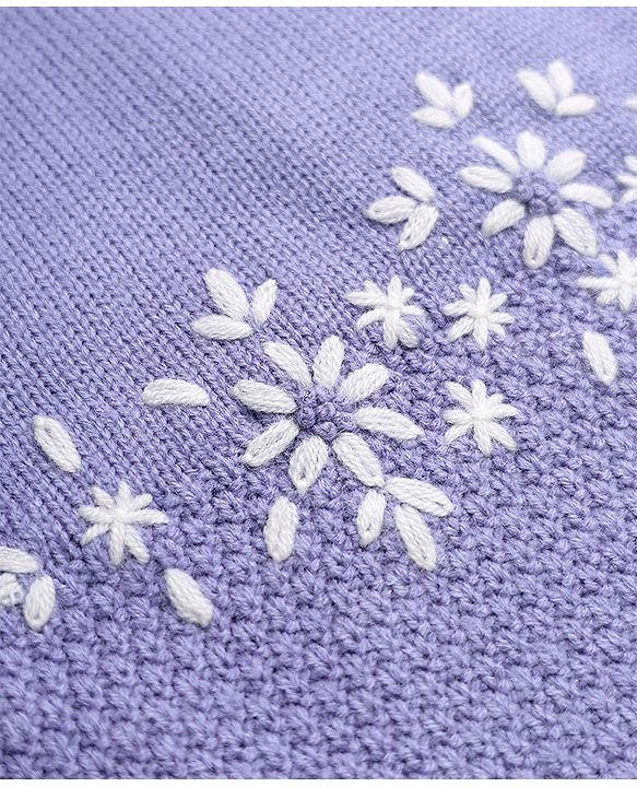 Babyhug Knit Full Sleeves Pullover with Floral Embroidery - Purple