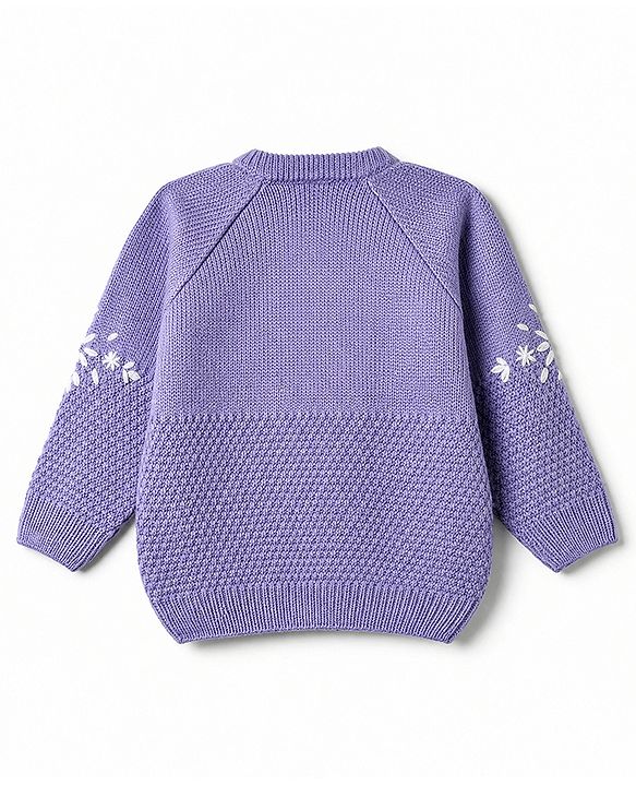 Babyhug Knit Full Sleeves Pullover with Floral Embroidery - Purple