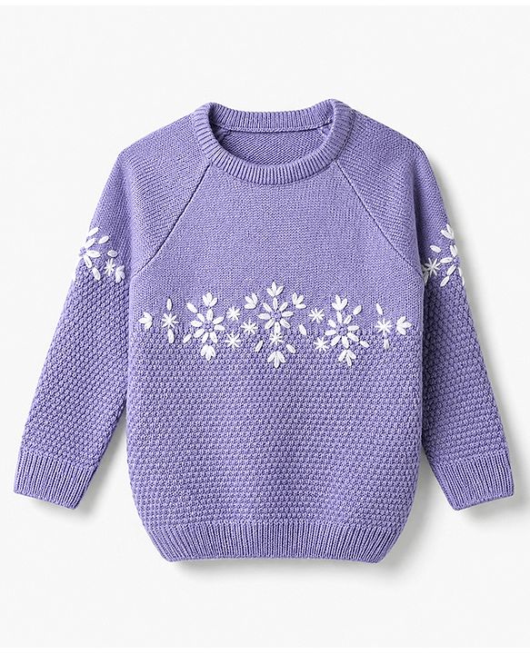 Babyhug Knit Full Sleeves Pullover with Floral Embroidery - Purple