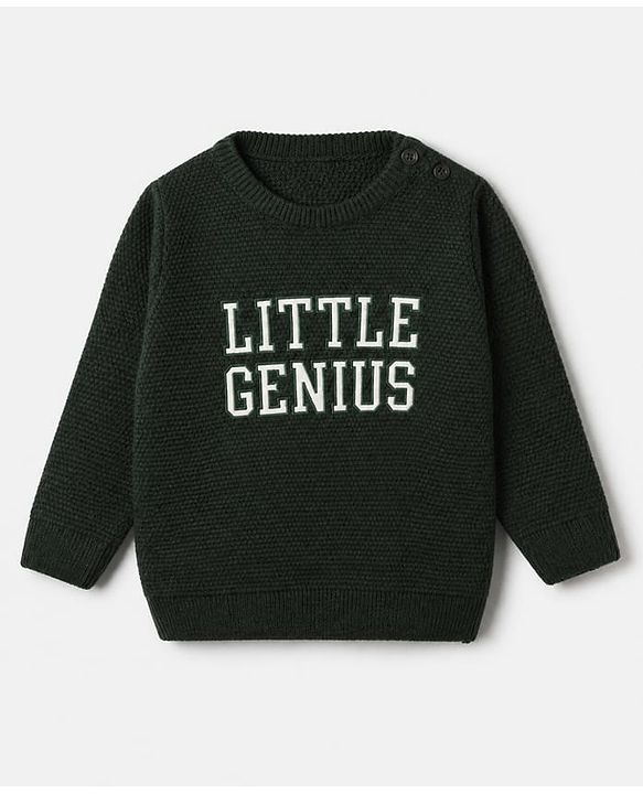 Babyhug Knit Pullover with Full Sleeves and Little Genius Text in Dark Green
